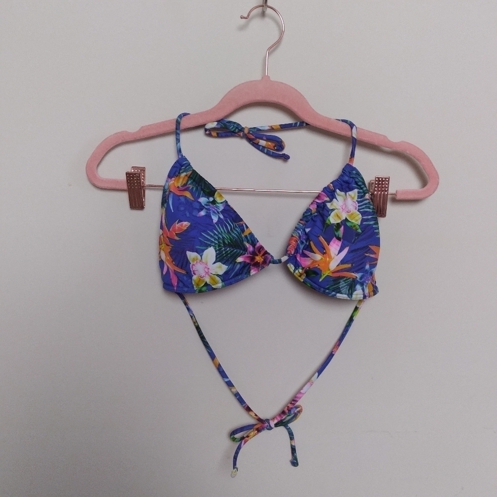 Sunsets Tropical Floral Print Slide Tie Triangle Halter Bikini Top Size Medium